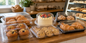 Clear bakery packaging for cakes pastries cookies and bread