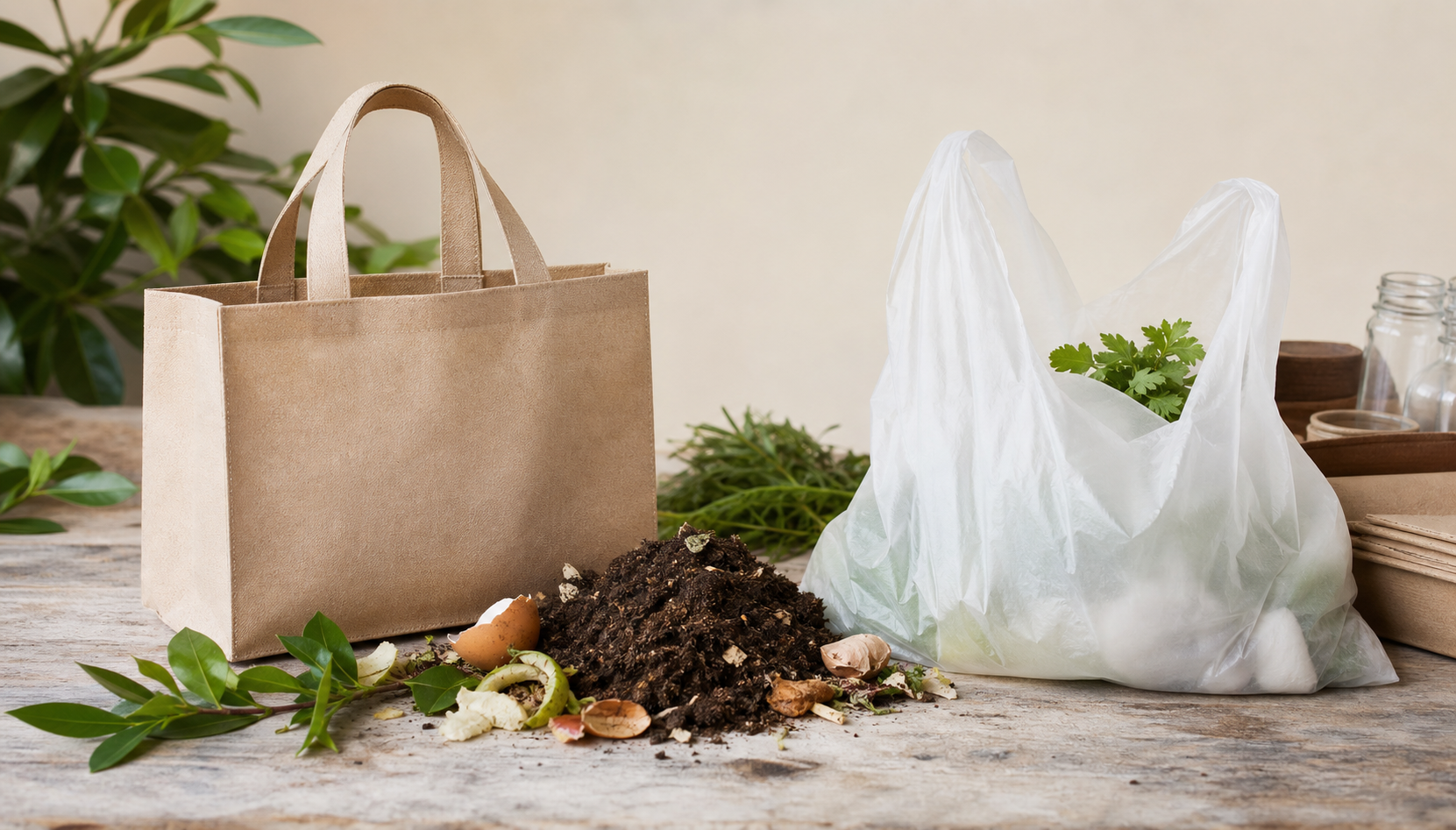 Biodegradable and compostable bag options shown with organic compost materials