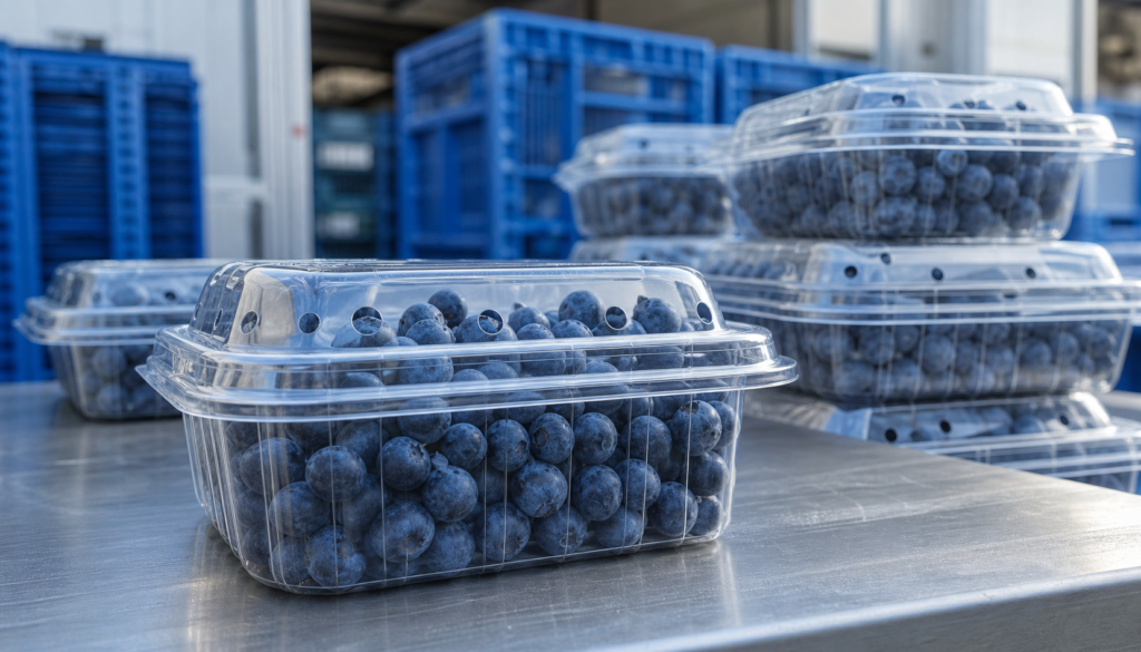 Fresh blueberries packed in ventilated clear PET clamshell containers