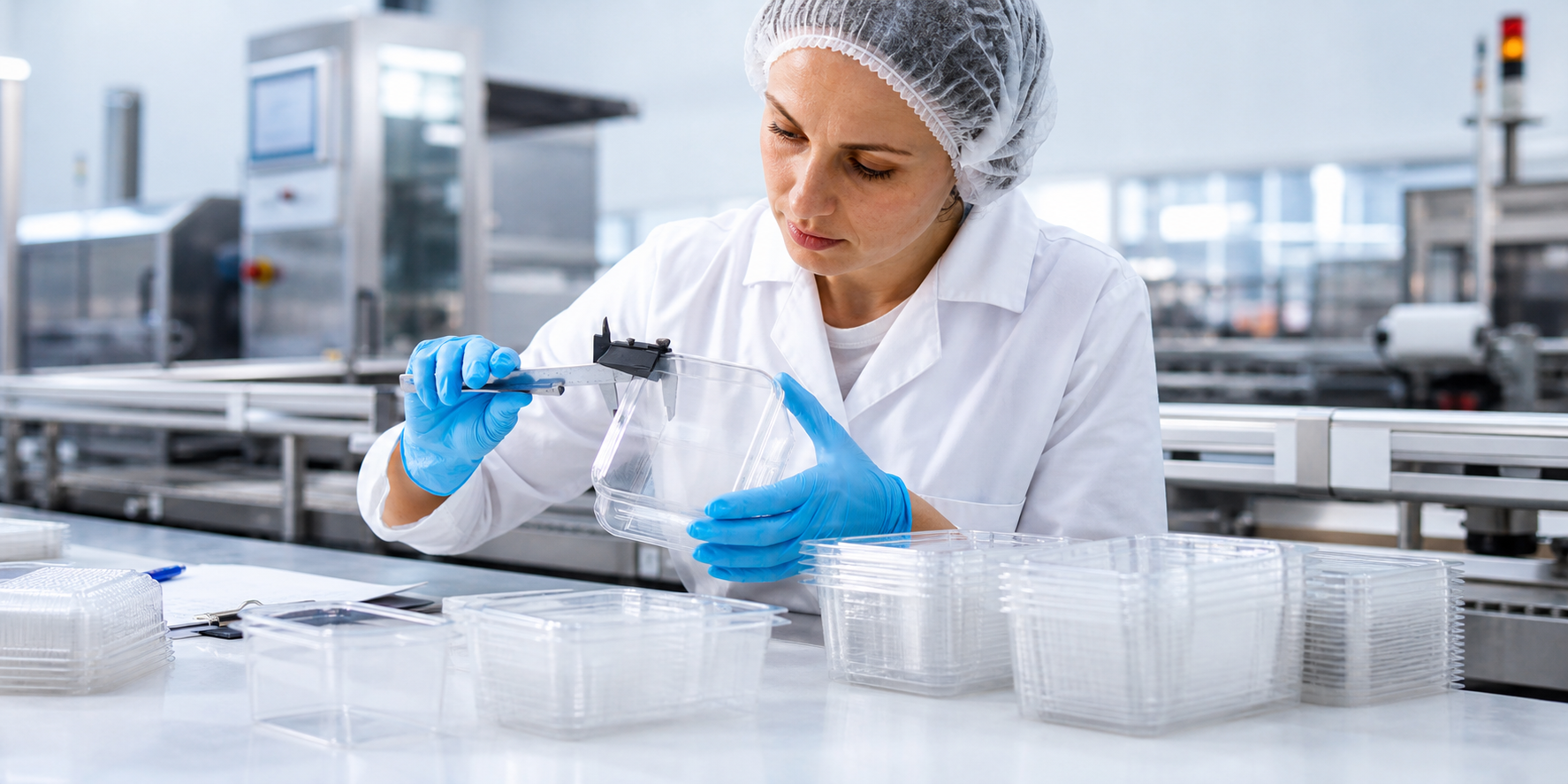 Quality inspector measuring clear thermoformed food containers in a factory