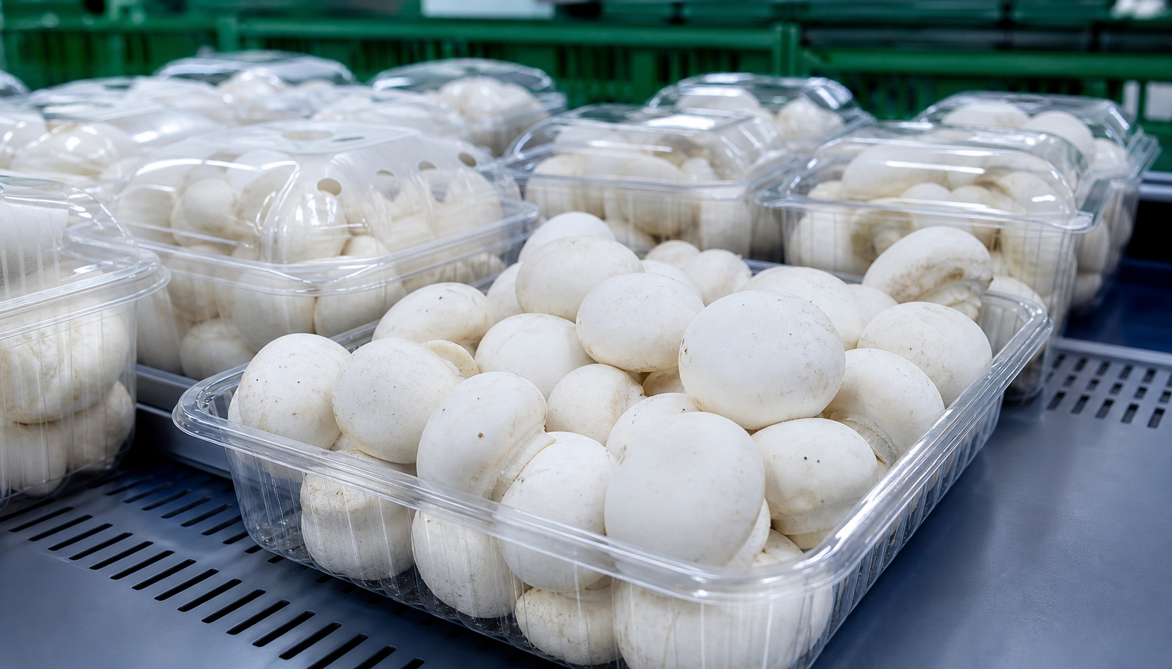 Fresh white mushrooms packed in clear PET trays and clamshell containers