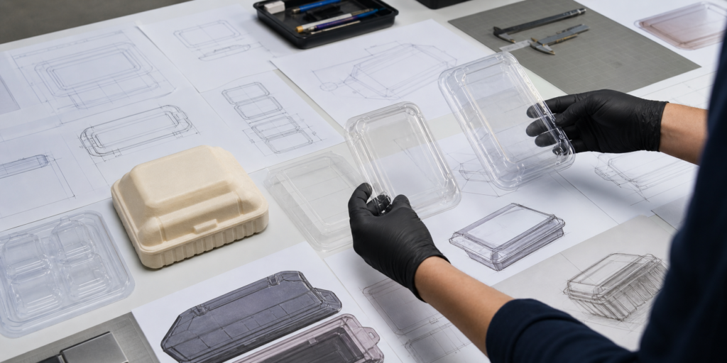 Packaging design workspace with technical drawings and food container prototypes