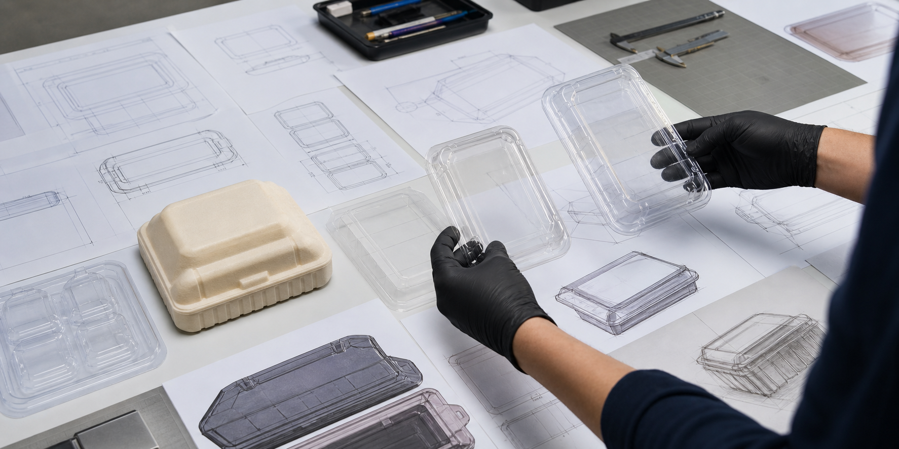 Packaging design workspace with technical drawings and food container prototypes