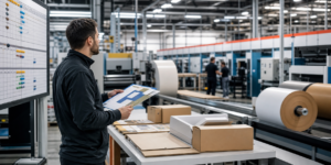 Packaging production planner reviewing samples and a manufacturing schedule