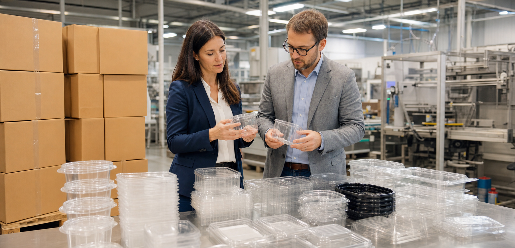 Packaging samples cartons and production quantities prepared for an MOQ discussion