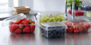 Clear PET clamshell containers for fresh fruit and produce packaging