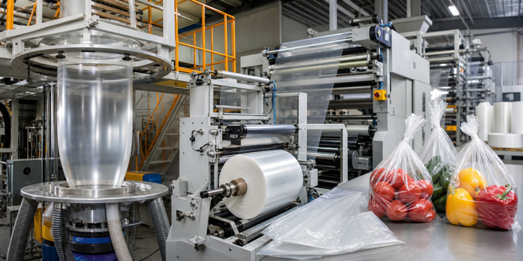 Automated plastic film extrusion and bag manufacturing production line