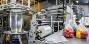 Automated plastic film extrusion and bag manufacturing production line