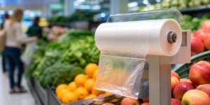 Produce roll bags on a supermarket dispenser beside fresh fruit and vegetables
