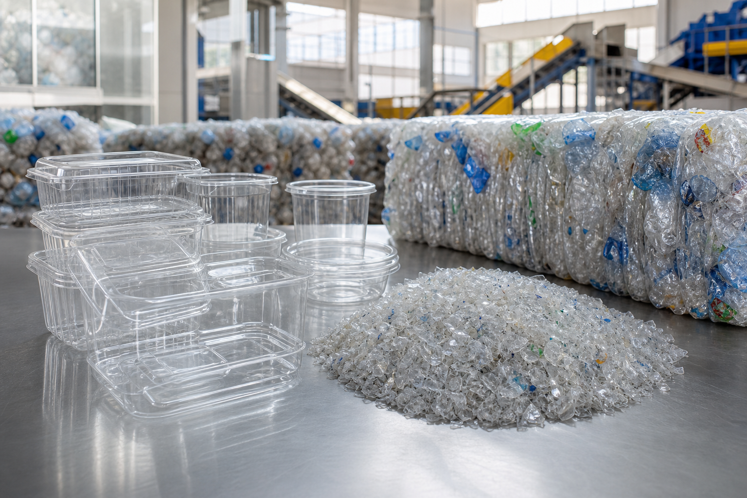 Clear recyclable food packaging arranged with sorted PET recycling material