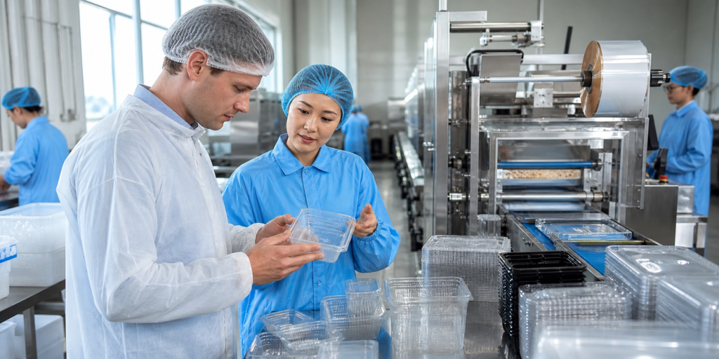 International packaging buyer reviewing food container samples in a factory