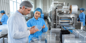 International packaging buyer reviewing food container samples in a factory