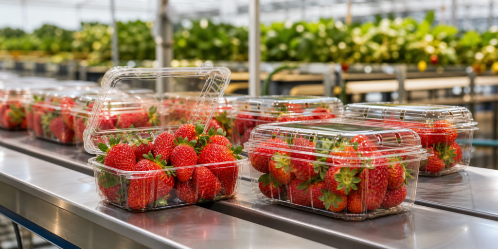 Strawberries in clear ventilated PET clamshell packaging on a packing line