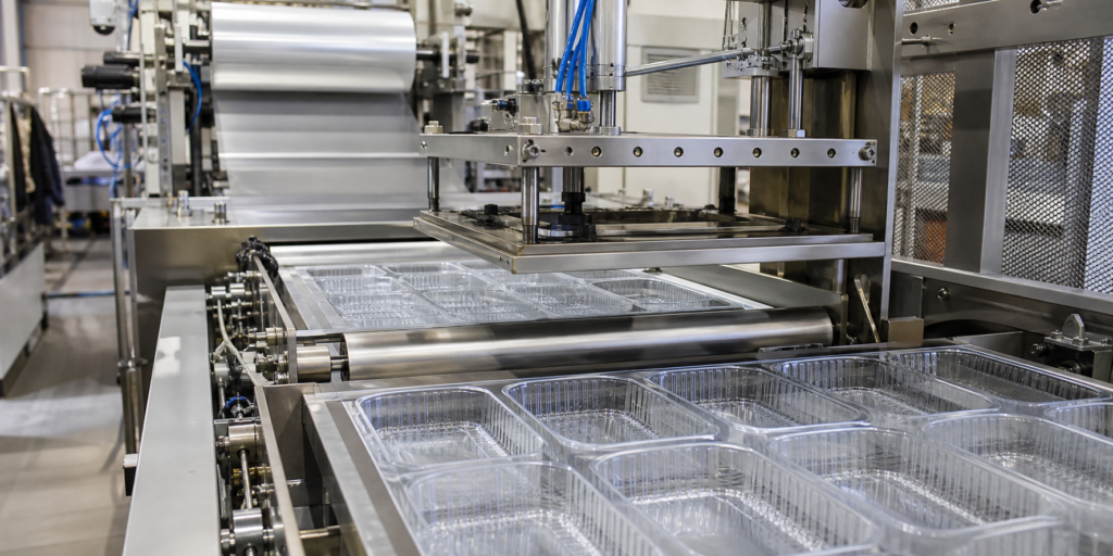Automated thermoforming production line manufacturing clear food containers