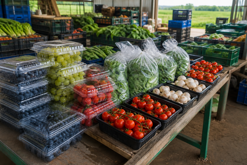 Plastic produce packaging used at an agricultural cooperative packing center