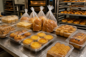 Plastic trays, clear boxes, and bags used for bakery products