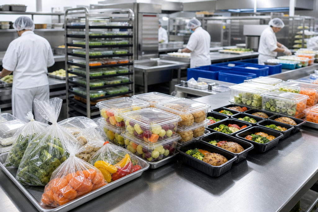Plastic food packaging used in a central kitchen preparation area
