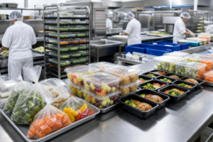 Plastic food packaging used in a central kitchen preparation area