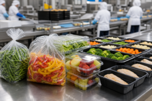 Plastic trays, boxes, and bags used in food manufacturing preparation