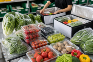 Plastic produce packaging used for fresh e-commerce delivery orders