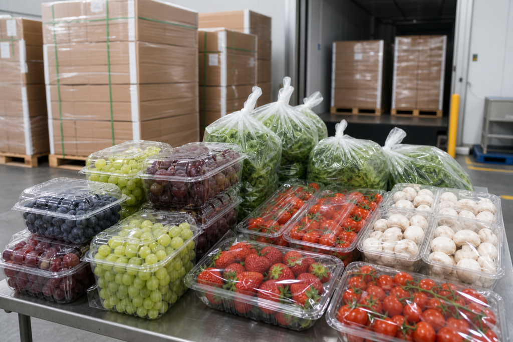 Plastic produce packaging prepared for fresh produce export shipment