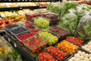 Plastic produce clamshell boxes, bags, and trays in a fresh produce retail display