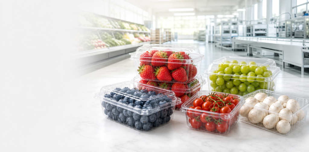 PET clamshell packaging for strawberries, blueberries, grapes, cherry tomatoes, and mushrooms