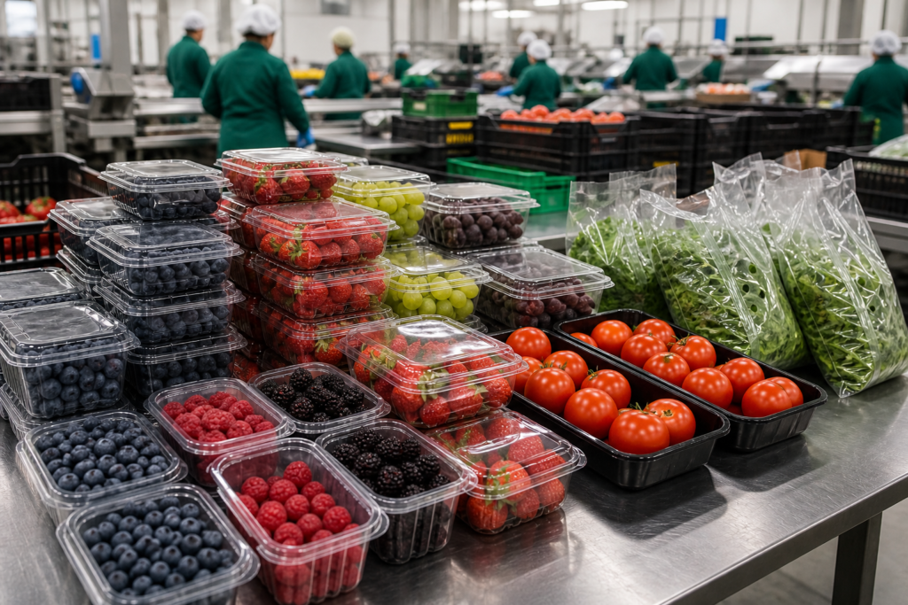 Plastic fruit packaging used in a fruit packing house