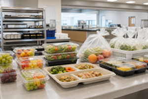 Plastic food packaging used in a hospital cafeteria and food service area
