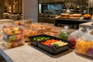 Plastic food packaging used in a hotel breakfast and kitchen service area