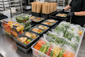 Plastic trays, boxes, and bags used for meal prep orders