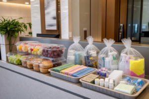 Plastic packaging organized on a commercial property service counter