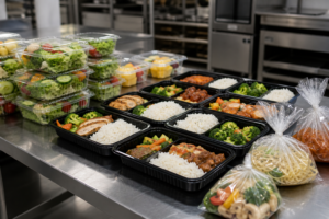 Plastic trays and clear boxes used for ready meal packaging