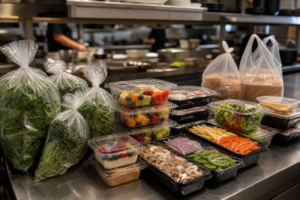 Plastic packaging used for ingredients and takeaway items in a restaurant kitchen