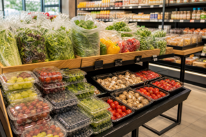 Plastic packaging displayed in a retail store fresh food section