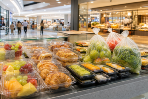 Plastic food packaging used in a shopping mall retail food area