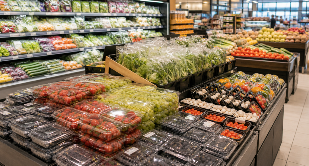 Supermarket produce section with plastic clamshell boxes, bags, and trays
