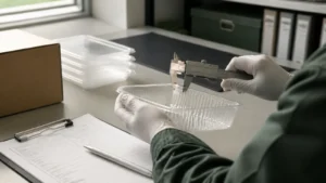 Inspector checking a clear food packaging sample with a caliper before shipment