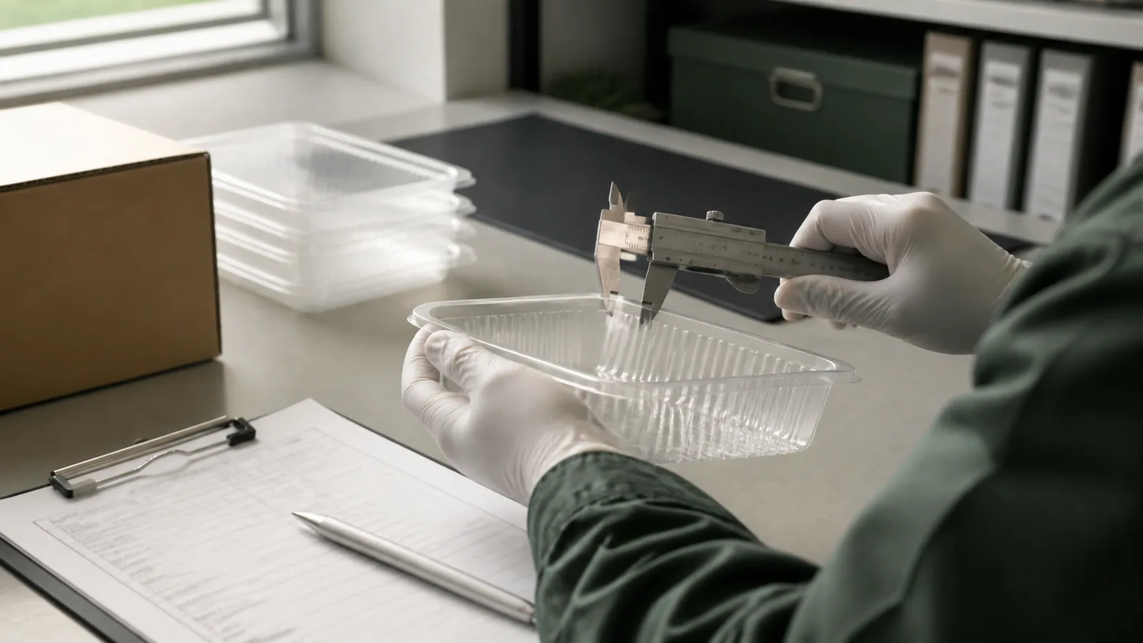 Inspector checking a clear food packaging sample with a caliper before shipment