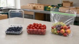 Clear blueberry clamshell, tomato produce tray and resealable fruit bag compared on a produce packing bench