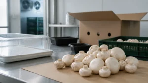 Fresh mushrooms reviewed with trays, carton and cold-chain conditions before packaging approval