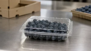 Clear square PET blueberry clamshell on a fresh-produce packing bench