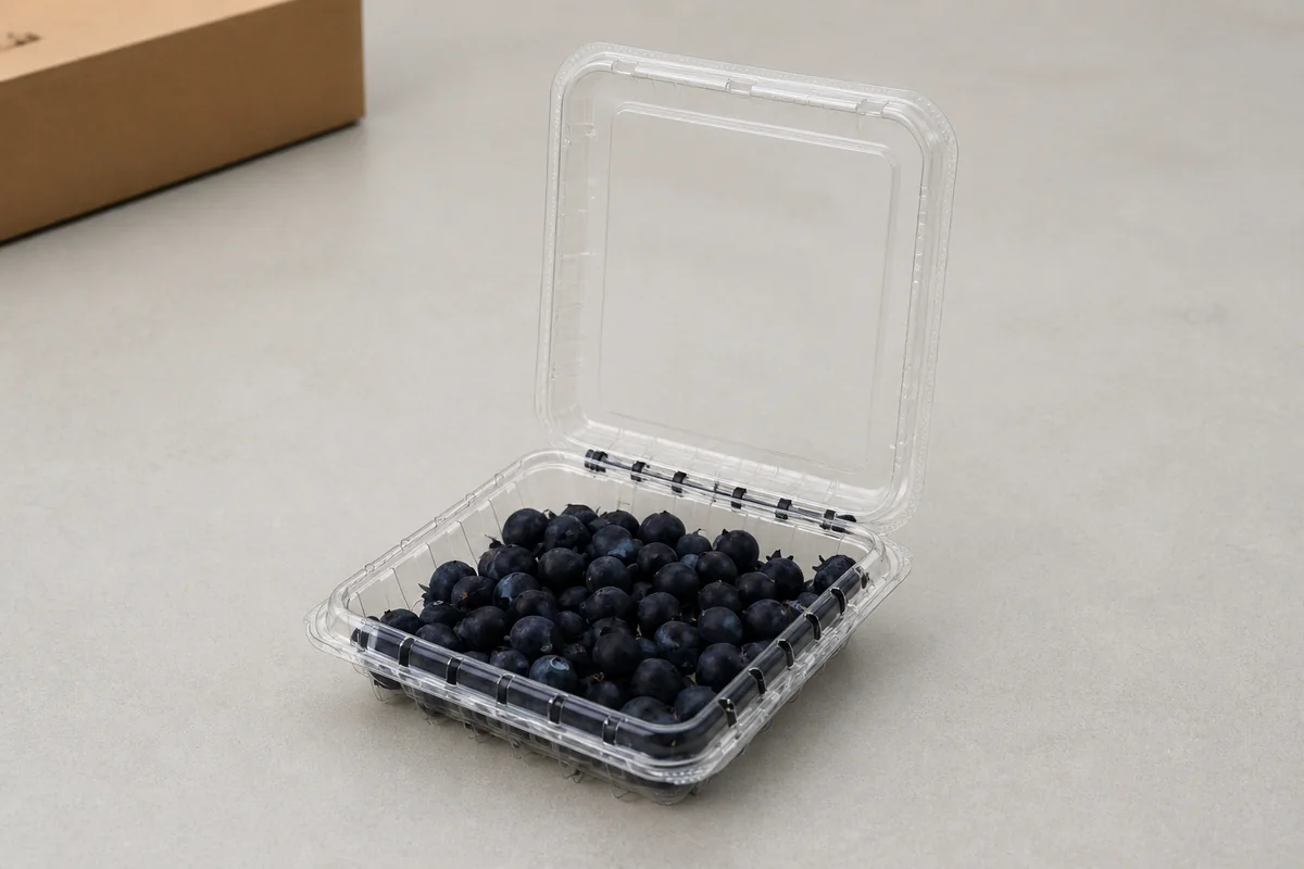 Open Yinling YL-401U PET blueberry clamshell on a quality-control bench