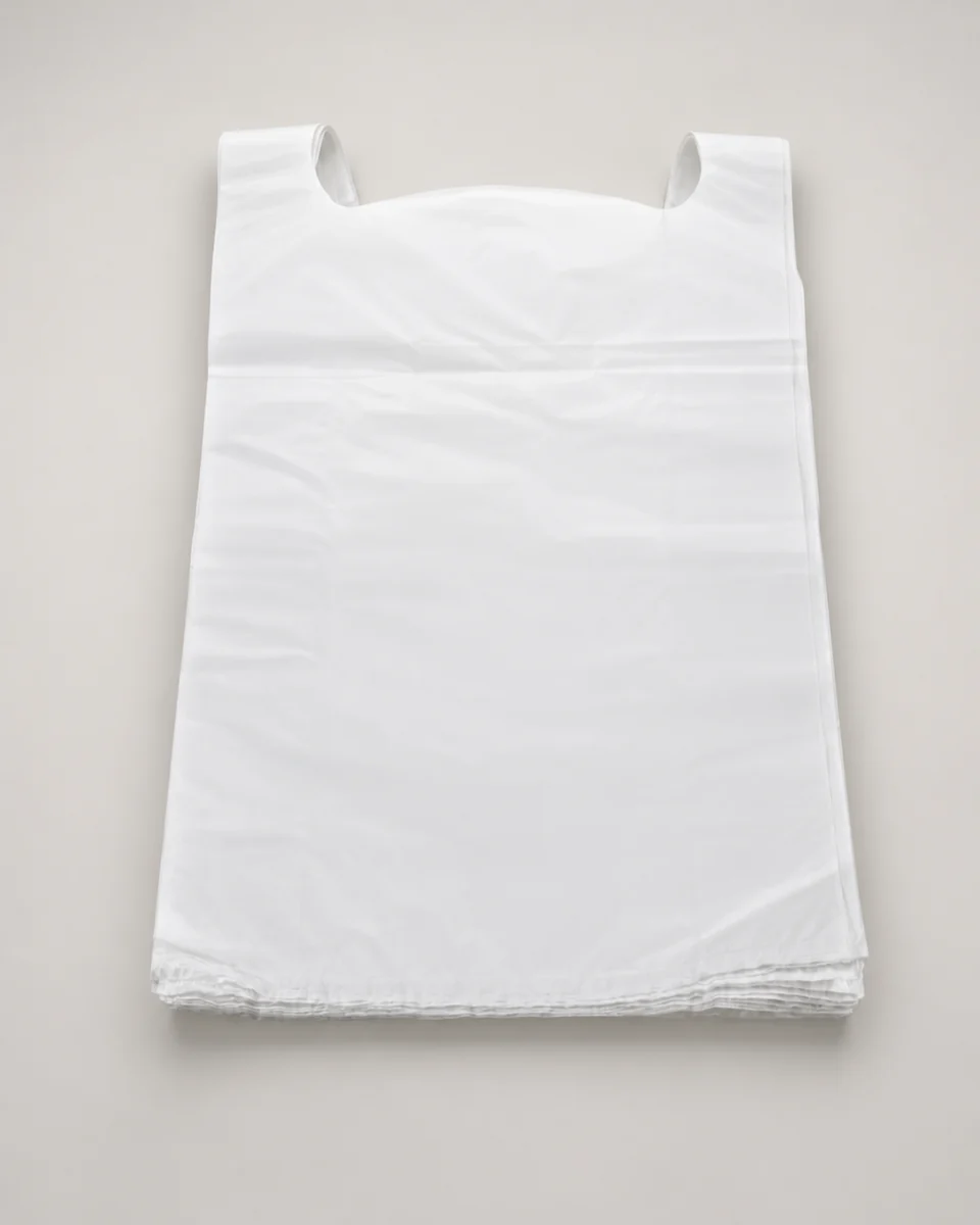 Plain translucent white T-shirt shopping bags stacked on a neutral studio background