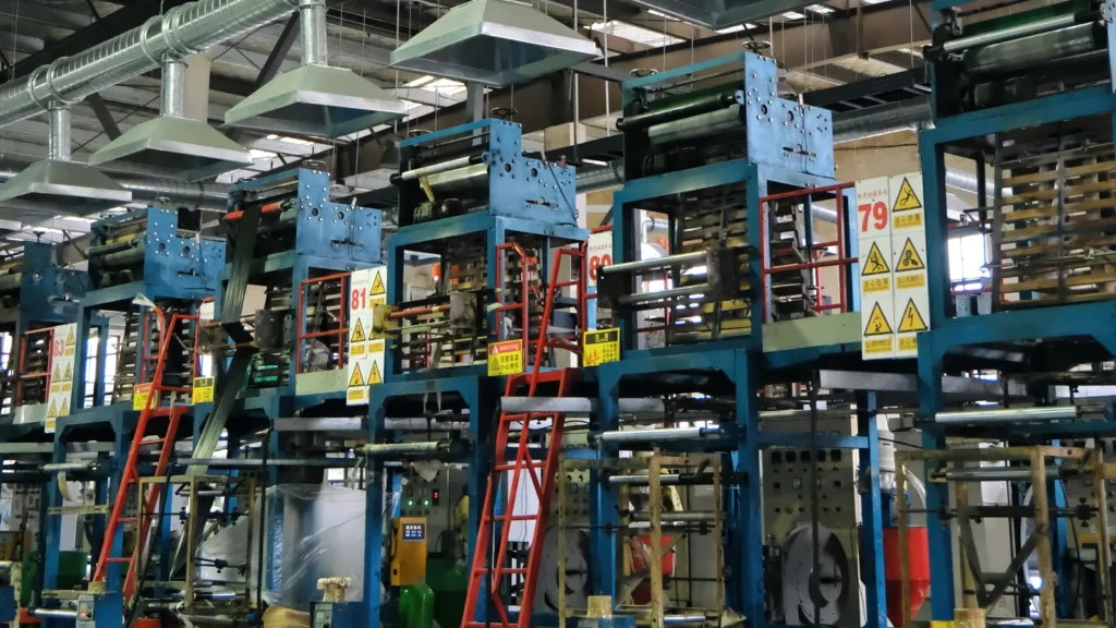 Plastic bag film production lines inside Yinling’s workshop