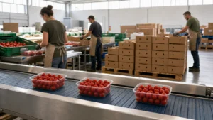 Clear tomato produce trays in an export packing area with cartons and workers