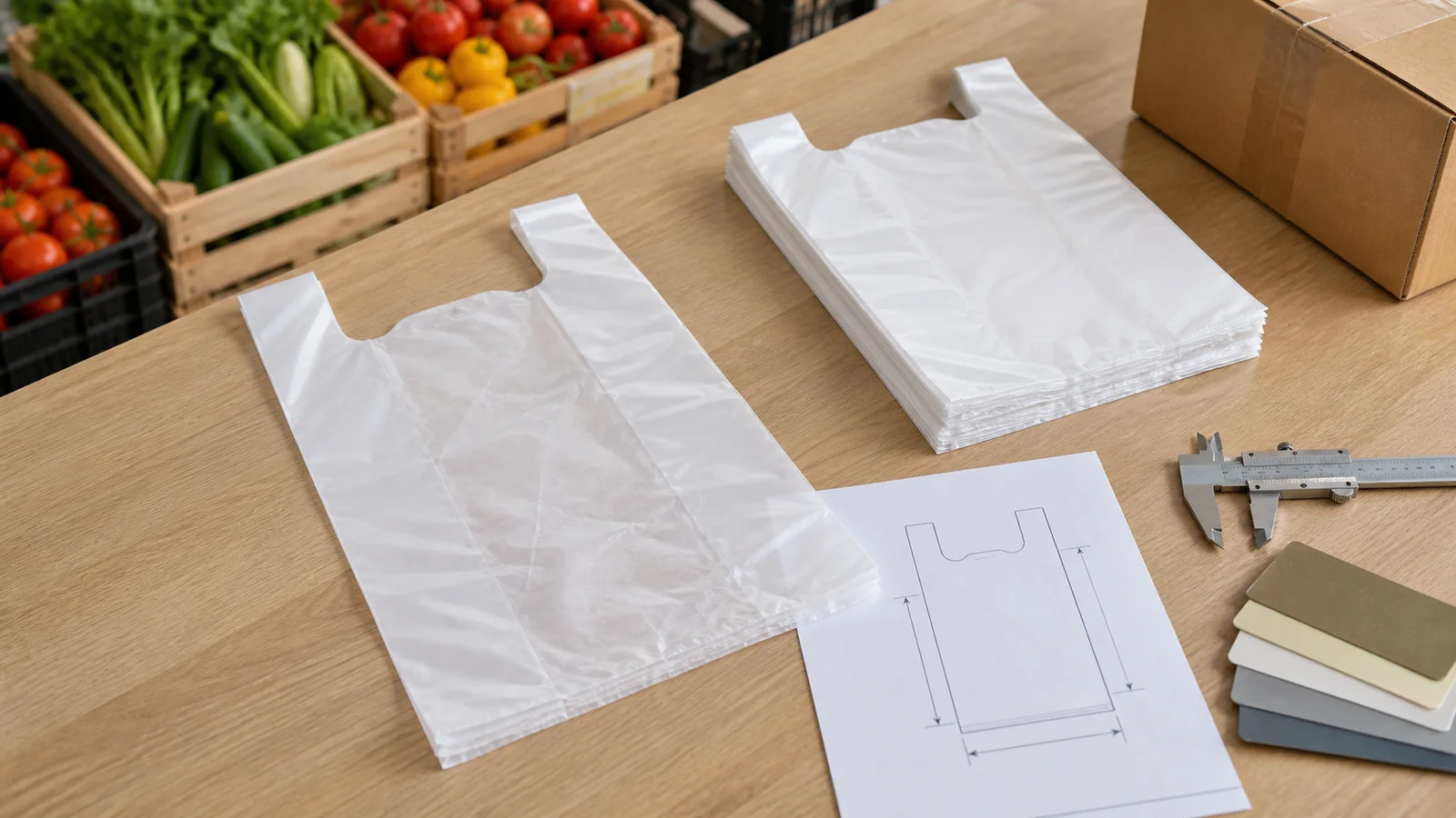 Plain translucent vest bags, a dimension drawing, caliper and produce crates arranged for a bulk RFQ review
