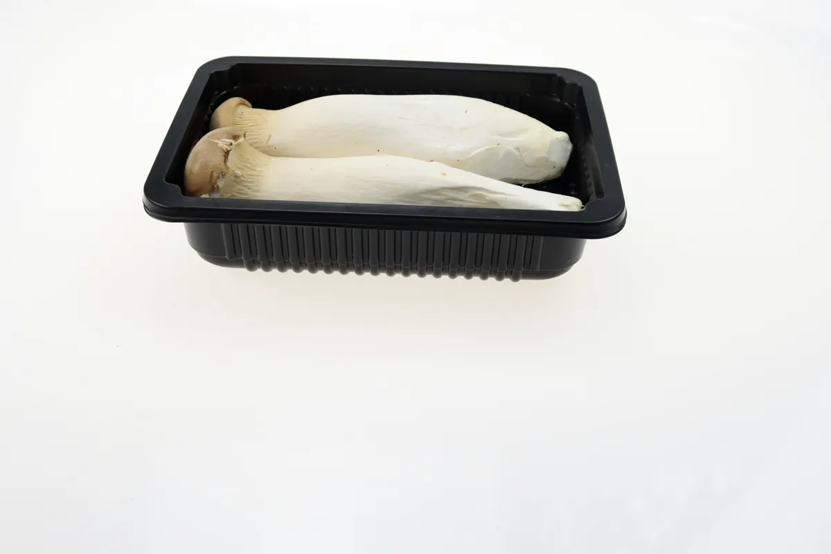 Complete black produce tray holding mushrooms