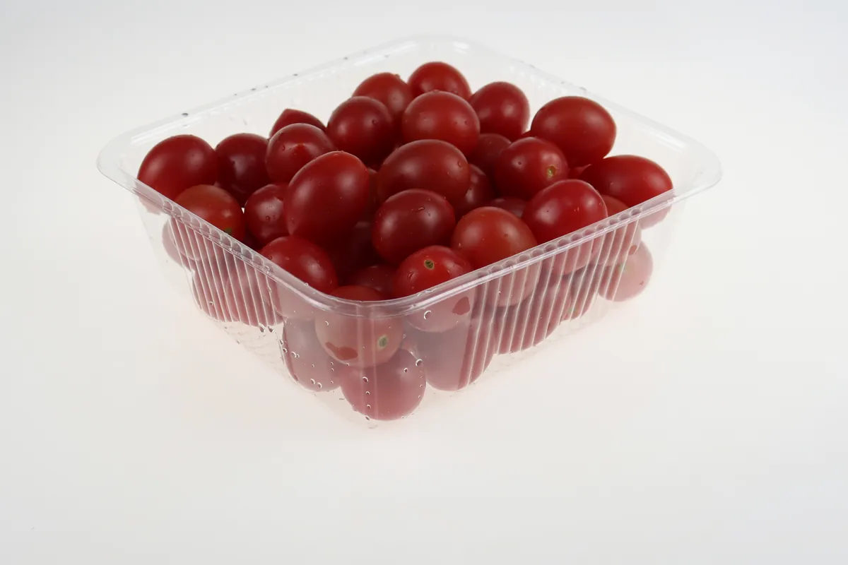 Complete deep clear produce tray holding tomatoes