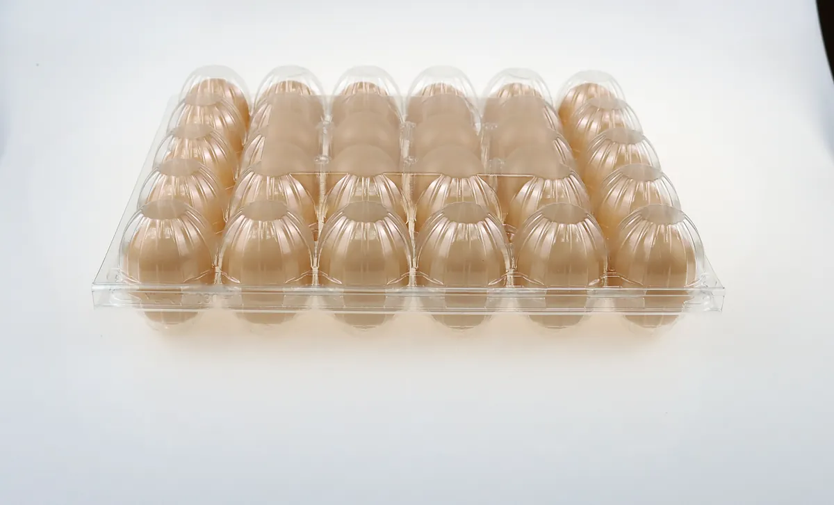 Clear 30-count plastic egg tray filled with brown eggs